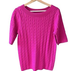 Talbots Sz M 100% Cotton Hot Pink Cable Knit Short Sleeve Sweater